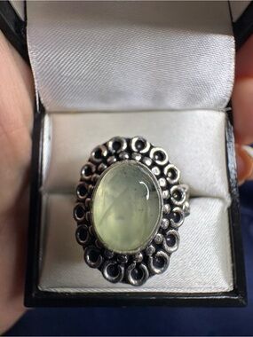 Ring Prehite Healing Gemstone Silver Intricately Detailed Setting